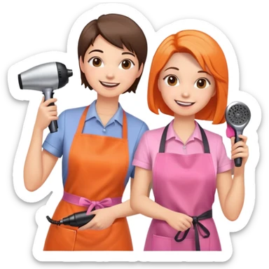 happy woman in pink apron getting a haircut from smiling female hairstylist in orange apron, holding hairdryer in right hand sticker