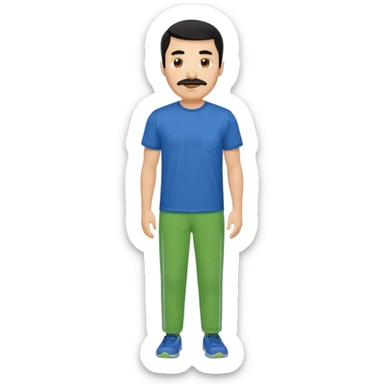 A man with black hair and too short beard and moustache and him wear a blue t shirt and green colour colour  sticker