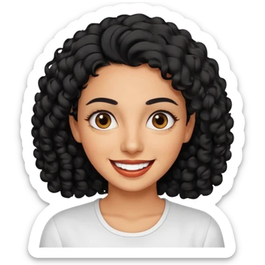 30 year old iranian woman short curly black hair, big brown eyes, tanned skin, big smile, white teeth, pretty sticker