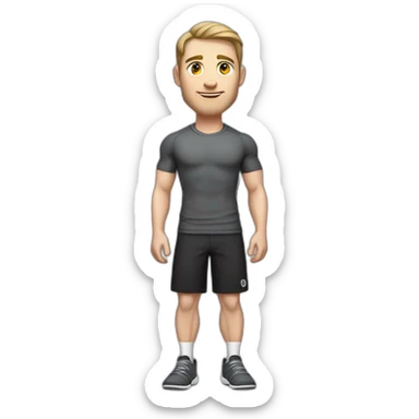 Pale skinned Fit Man With the biceps and dark brown hair in black shirt, gray sports shorts and white Sneakers Relies on the crossbar sticker