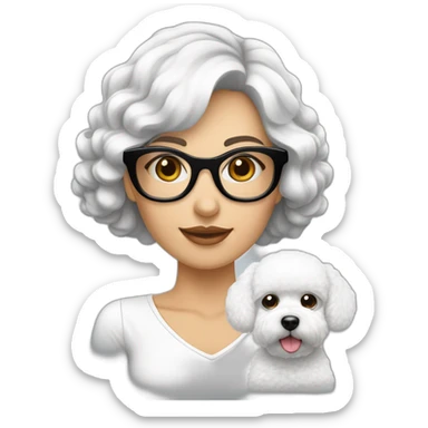 mujer gafas piel blanca cabello largo negro y perro bichon blanco sticker