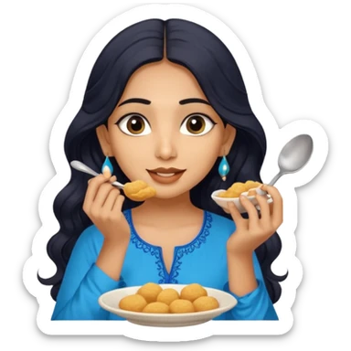 a pretty tan indian bratz girl with wavy long BLACK hair. eyeliner on, wearing a blue kurti, eating golgappa (without spoon) sticker