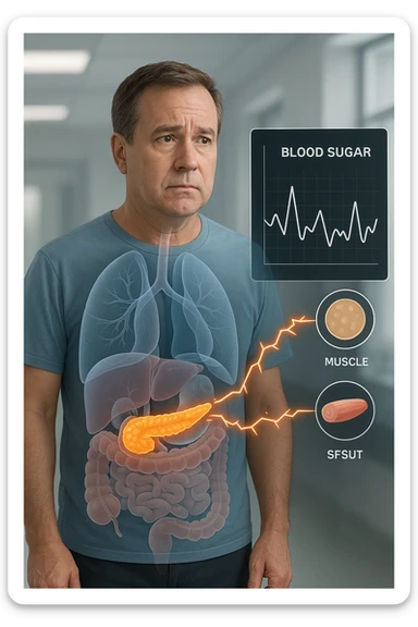 a middle-aged man stands in a clinical setting, with a semi-transparent overlay showing his internal organs. His pancreas is highlighted, and glowing lines or icons indicate disrupted insulin signaling between the pancreas and muscle or fat cells. The man’s expression is slightly concerned, and a digital chart beside him displays fluctuating blood sugar levels. The lighting is realistic, with a clean, modern medical background. sticker