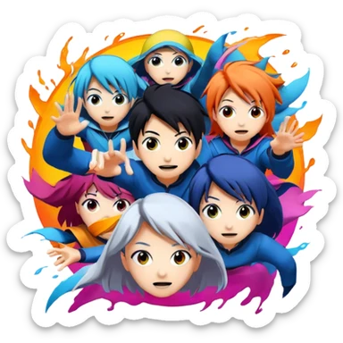 Icon for Anime: vibrant, dynamic scene with anime characters in action, featuring exaggerated expressions and colorful backgrounds. The design should reflect the distinct, energetic style of anime, with iconic eyes and unique visual elements. Transparent background. sticker