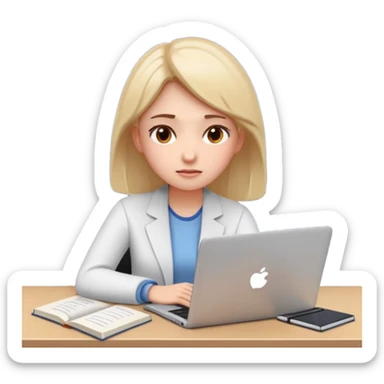 3D emoji style sticker, young woman, white background, slight exam stress, sitting with a laptop, IELTS practice test on the screen showing Overall 5.5, tired but determined expression, notebooks and papers around, soft lighting, minimal details, clean aesthetic, astrology style sticker