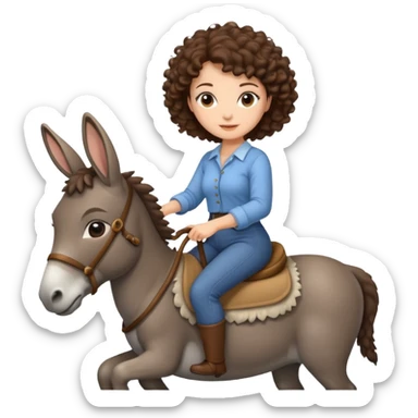 cute woman short tight curly brown hair riding an gentle donkey sticker