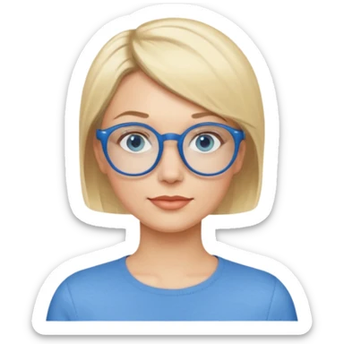 femme 40 ans cheveux garçon blond avec raie sur le coté, yeux bleu et lunettes rondes bleues sticker