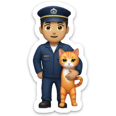 Asian man in navy blue mechanic uniform holding orange cat  sticker