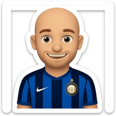 Create an image of Wesley Sneijder in an Inter Milan shirt, bald with visible stubble, smiling. The style should resemble apple style emojis with a transparent background. sticker