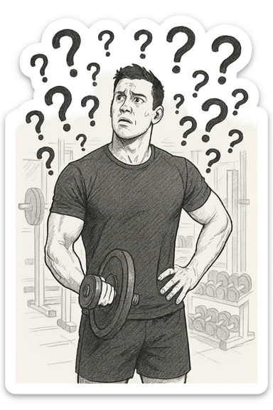 Uomo in palestra mentre si allena con tanti punti interrogativi intorno, confuso sticker