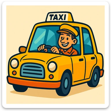 a cheerful cab driver in a classic yellow taxi, cartoon style sticker