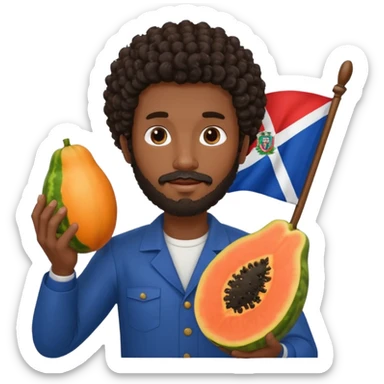 a medium dark skinned man with dark curly hair and a beard holding a papaya and Dominican flag behind them sticker