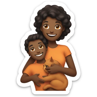 a happy light-brown woman with black hair and a happy brown man with brown hair are friends and holding an orange cat sticker