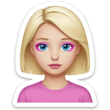 girl with blue eyes blonde in a pink t-shirt with pink lips painted eyelashes and soft facial features sticker