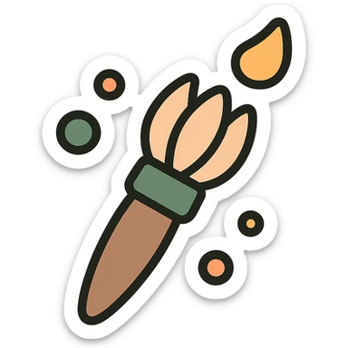 A cute and whimsical artist's paintbrush with a soft and cozy design, featuring a warm color palette: golden orange (FA9B41), deep forest green (4A7C5C), muted taupe brown (96775A), and pastel peach (FFCC9A). The brush has a delicate wooden handle in muted brown, with the bristles slightly fanned out, holding a touch of paint in shades of peach and orange. The tip of the brush is dipped in a soft golden hue, and tiny splashes of paint in the palette’s colors are gently scattered around. The overall mood is playful, artistic, and charming, evoking a sense of creativity and warmth. sticker