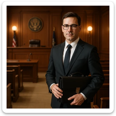 professional lawyer in a courtroom setting, wearing a suit and holding a briefcase sticker