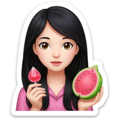A girl with long black hair holding a piece of guava hard candy sticker