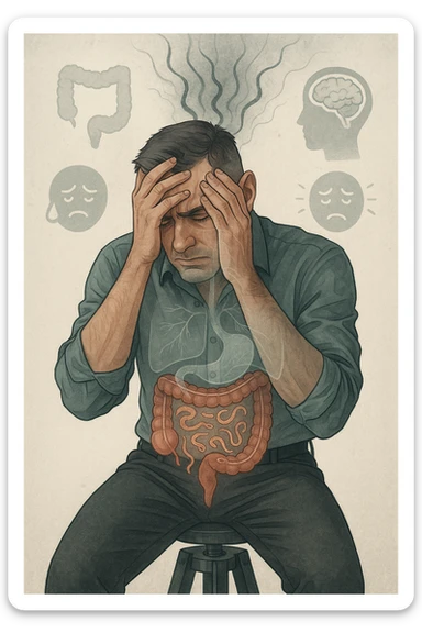 a person sits with a troubled expression, holding their head in their hands. A transparent overlay on their body reveals stylized images of parasites in the digestive tract, while faint, shadowy tendrils extend upward toward the brain, symbolizing the psychological impact. The background is clinical and educational, with subtle icons representing both physical and mental symptoms. sticker