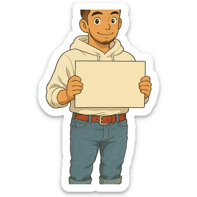 1 male, mid fade haircut dark chestnut brown curly hair, toasted lightskin, white hoodie sleeves up, fashion jeans, red fashion-sneakers shoes, red belt, short trimmed beard and goatee,  style of deku from "my hero academia", pose: holding a blank poster chest level sticker