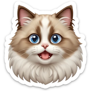 cinematic-adorable-big-eyed-fluffy-brown and white ragdoll-cat-portrait-emoji,-head-tilted-playfully-with-a-cute,-yawn,-soft-brown-and white-colored-fur-with-darker-points-on-the-ears,-simplified-yet-irresistibly-cute-features, sparkling blue eyes sticker
