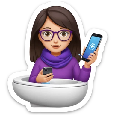 Fille châtain foncé avec lunettes. Elle porte une grosse écharpe violette, bleu et orange. Elle est dans une cuvette de toilette. Téléphone en main. Realiste sticker