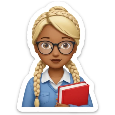 A student, girl, brown skin, braid blonde hair, wearing glasses, hold red book in front of their chest sticker