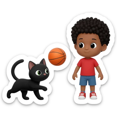 Black cat playing with orange basketball and a little boy with curly black hair sticker