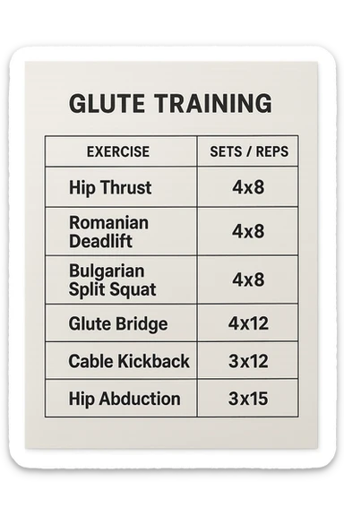 scheda di allenamento glutei con le reps scritte (tipo 4x8 ecc), iperrealistico 4k sticker