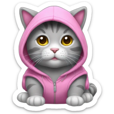 A gray plush cat. This cat is wearing a sleeveless sweater with a pink hood. He's sitting on his buttocks. Small round ears are hidden in the hood. sticker