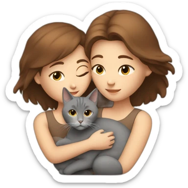white woman with brown hair cuddling one grey cat and one brown cat sticker