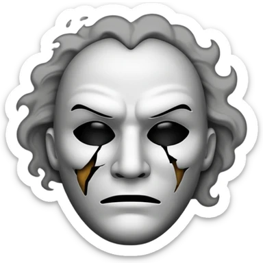 Minimalist emoji-style sticker of a cracked actor’s mask with empty eyes and faint smoke rising, grayscale with dusty shadows sticker
