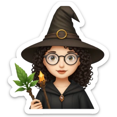 A dark curly haired girl with a witch hat, round glasses, and a plant wand sticker