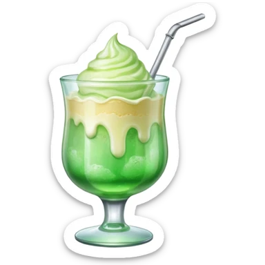 Create an emoji with a clear rounded glass, bright transparent green soda, vanilla ice cream scoop
 sticker