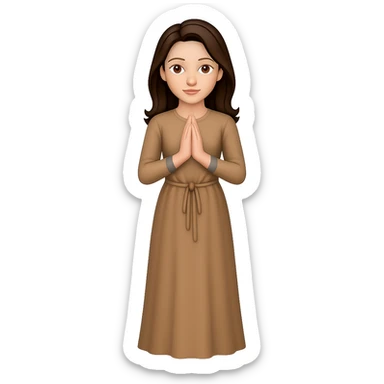 Create an image of a woman standing and praying from the front view, wearing a long tan dress, with dark brown hair, matching the body figure of the reference image. The style should emulate emoji style. Remove the background. sticker