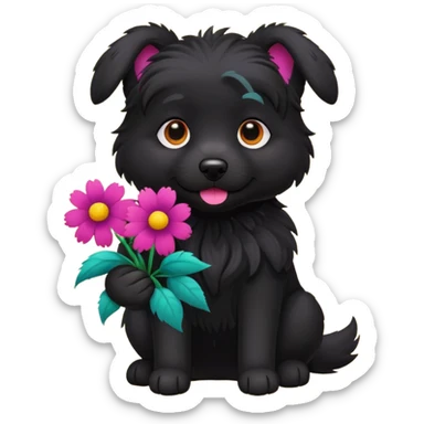 black dog holding flowers sticker