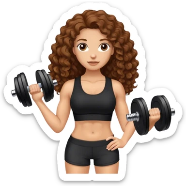 white woman with long brown curly hair in black top and shorts holding dumbbell sticker