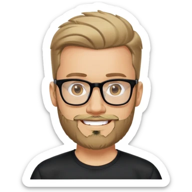 Man with light skin, full facial beard, short upswept hair, large black-framed glasses, smiling face, black sports fabric shirt sticker