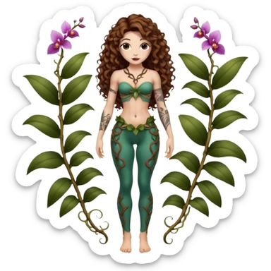 full body woman long curly brown hair brown eyes white skin tattoos muscular build orchid fairy bodice and vine leggings sticker