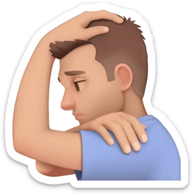 A man who is depressed with his left arm draped over the top of his head so the inside of his left elbow is on the very top of his head where hair grows from and his left hand is touching his right shoulder sticker