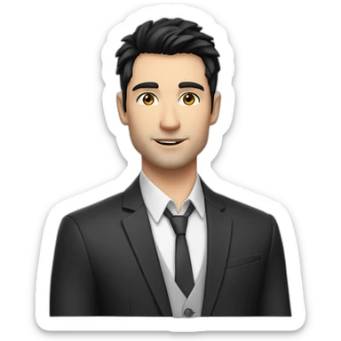 man, blue eyes, 30 years old, white skin, black hair, blazer with t-shirt, good looking sticker
