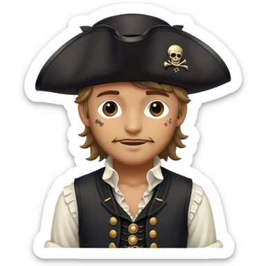 A kindhearted pirate in a black ruffled shirt, black waistcoat, and an ornate black hat, his friendly gaze welcoming sticker