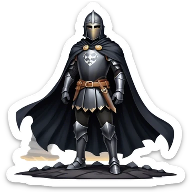 A shadowy knight with a black cape, standing in a stormy battlefield sticker