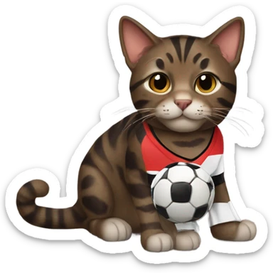 Dark brown tabby cat wearing a soccer jersey sticker