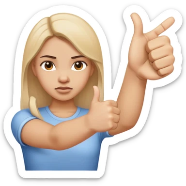 Girl showing conflicting opinions with one hand giving definite thumbs up and other hand giving definite thumbs down, uncertain facial expression sticker