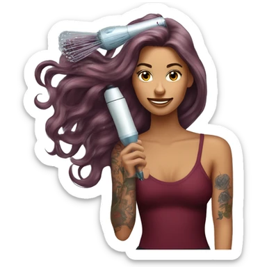 Beautiful tattooed  burgundy long haired woman blow drying her hair sticker