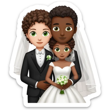 A fair-skinned bride with brown hair and green eyes next to the groom with dark skin, short curly black hair, and brown eyes sticker