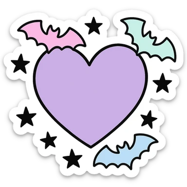 pastel goth heart with pastel bats and black stars ,remove background sticker
