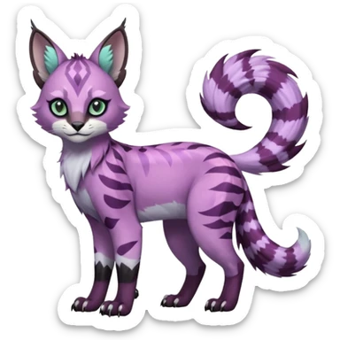 Cute kawaii cool edgy badass Colorful pale minty lilac onyx fruity glorious exotic neon vibrant zigzagged fantasy-caracal-civet-genet-sergal-vernid-Gryphon-Cacomistle-Trico-oncilla-animal-Fakémon-hybrid-fursona (full body), facial markings, (realism style) sticker