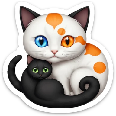 Black kitten with green eyes cuddling with white cat with orange spots and blue eyes and sharper features in the shape of a yin yang symbol sticker