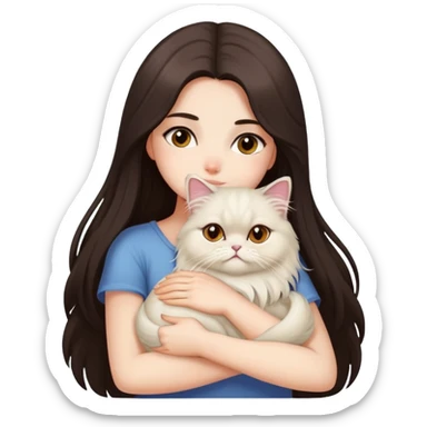 A pretty girl with long dark hair is hugging her one light hair persian cat. sticker